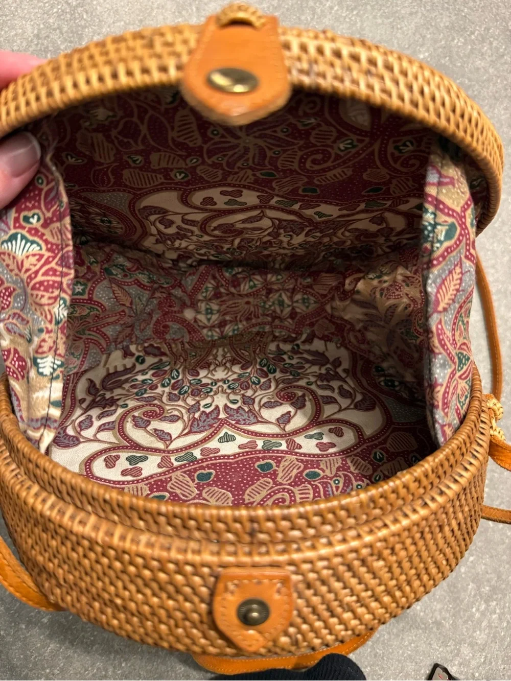 Like New - Handwoven Round Rattan Bag Leather Strap